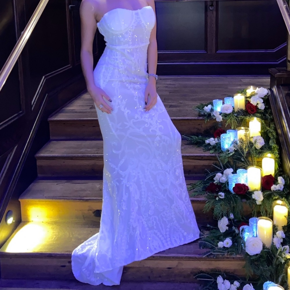 white strapless evening gown